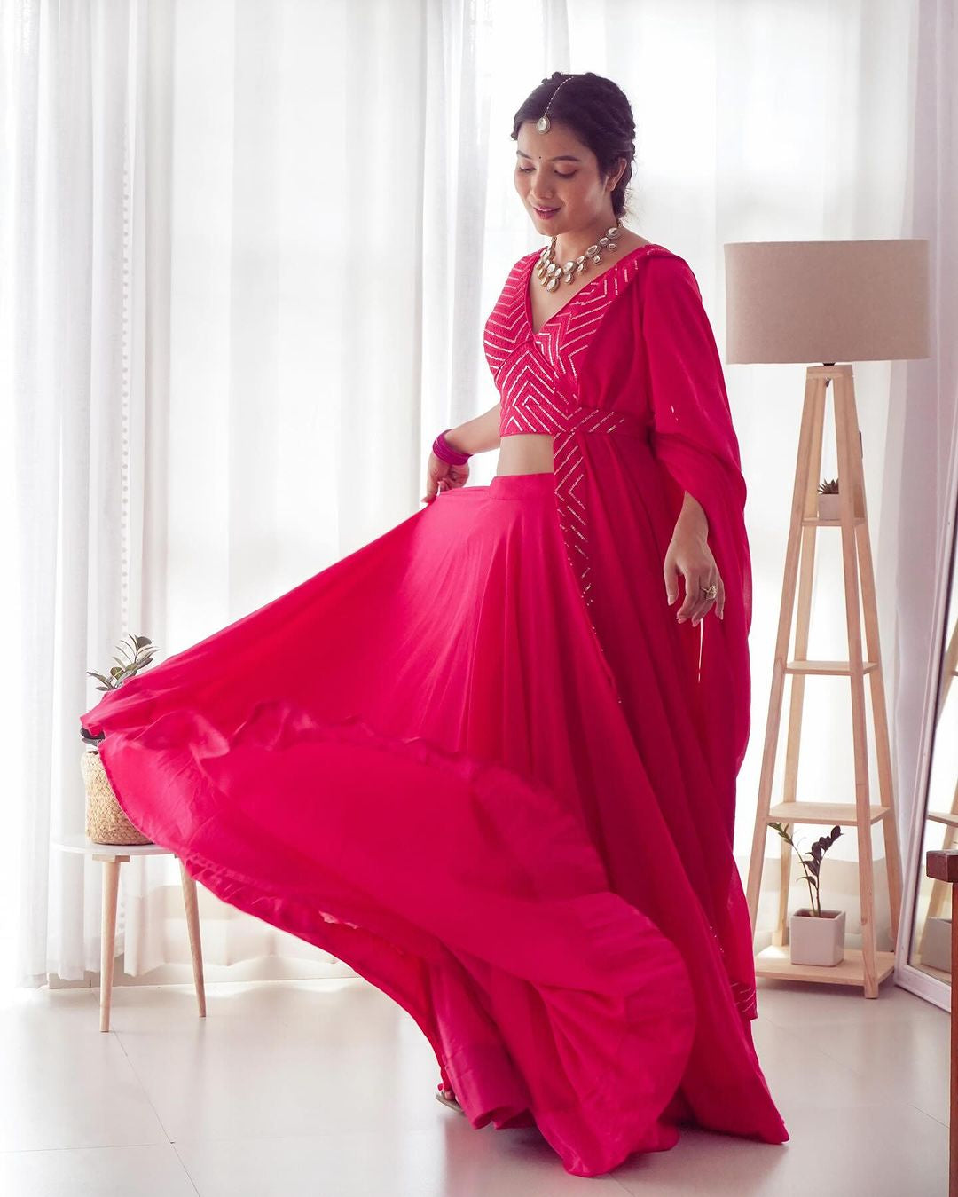 Womenline Pink Full Flairy Pure Soft Georgette Full Stitched Lehenga Choli