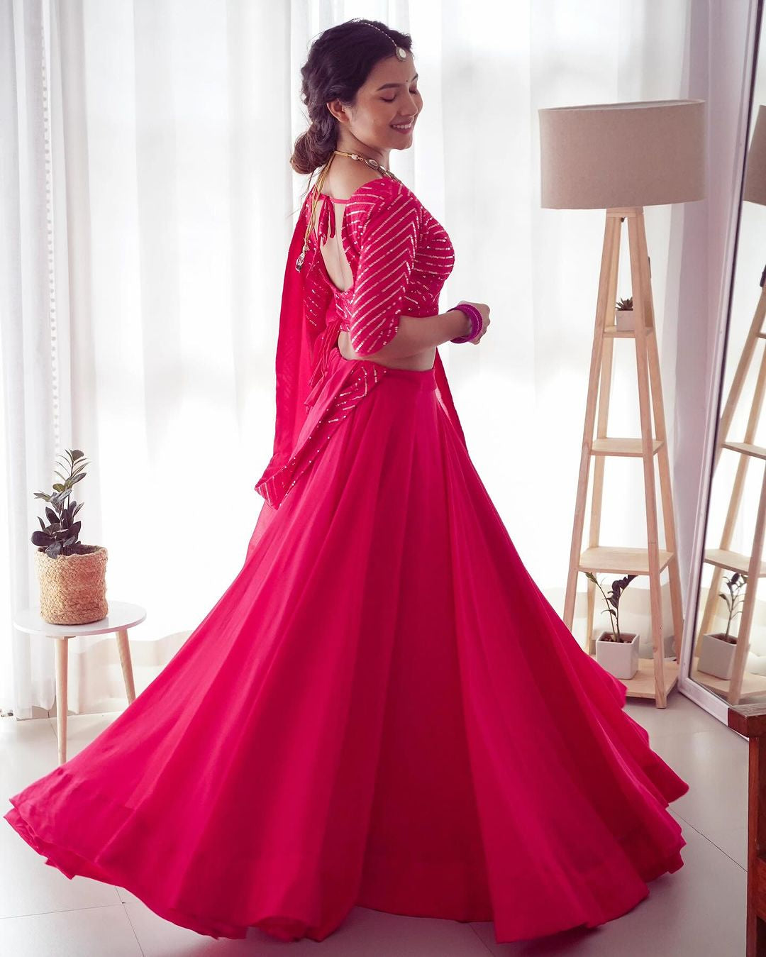 Womenline Pink Full Flairy Pure Soft Georgette Full Stitched Lehenga Choli