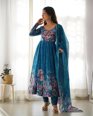 Womenline Rama Color Floral Print Organza Three Piece Anarkali Suit