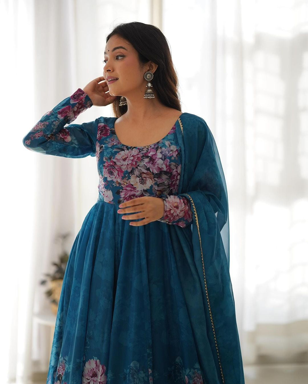 Womenline Rama Color Floral Print Organza Three Piece Anarkali Suit