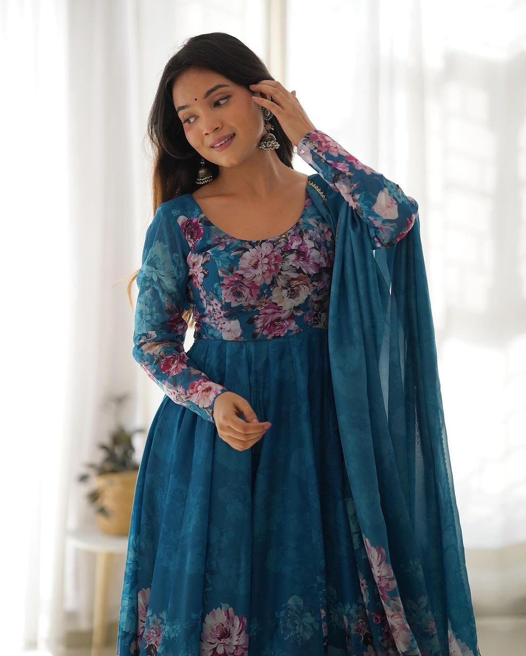 Womenline Rama Color Floral Print Organza Three Piece Anarkali Suit