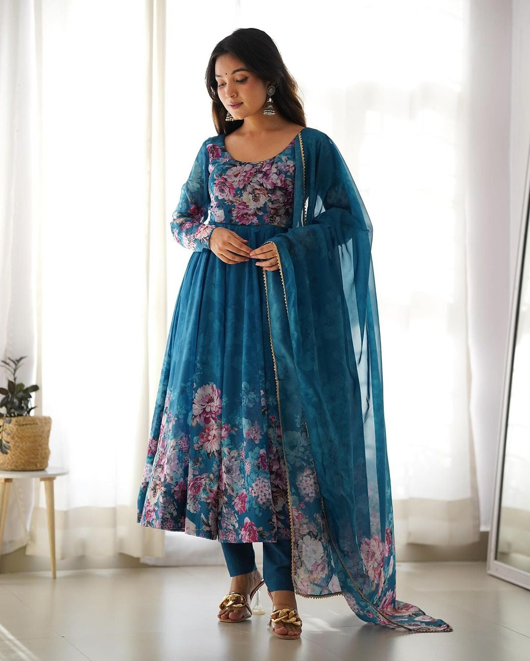 Womenline Rama Color Floral Print Organza Three Piece Anarkali Suit
