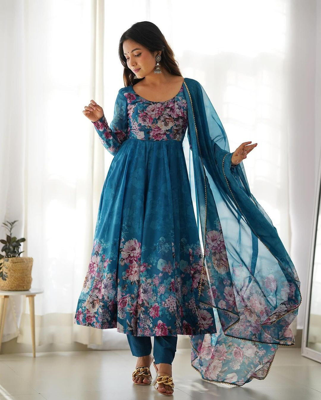 Womenline Rama Color Floral Print Organza Three Piece Anarkali Suit