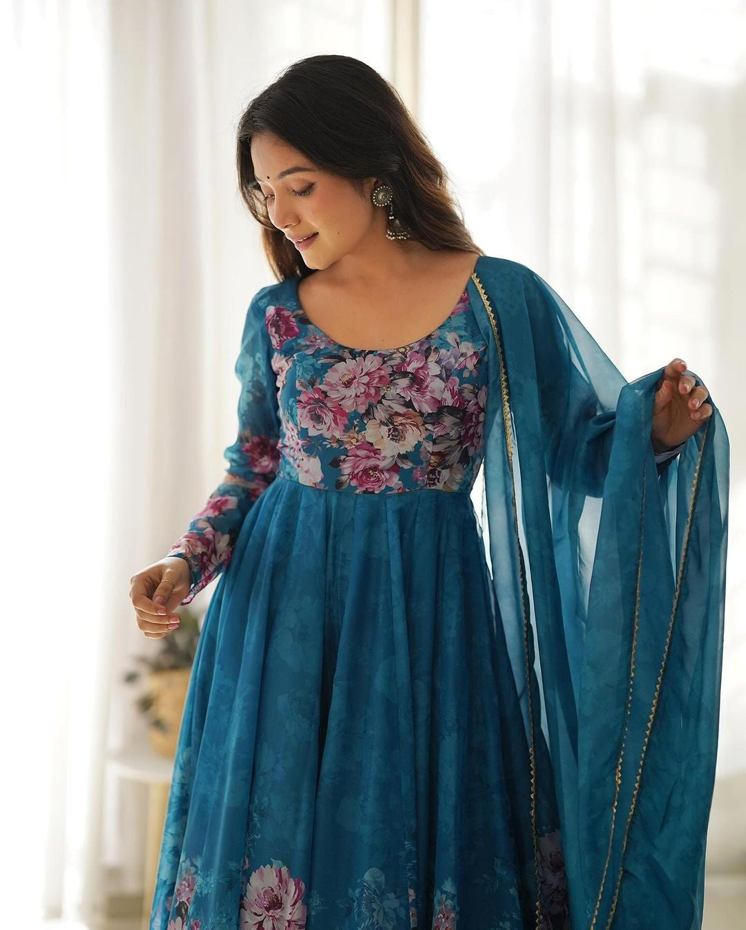 Womenline Rama Color Floral Print Organza Three Piece Anarkali Suit