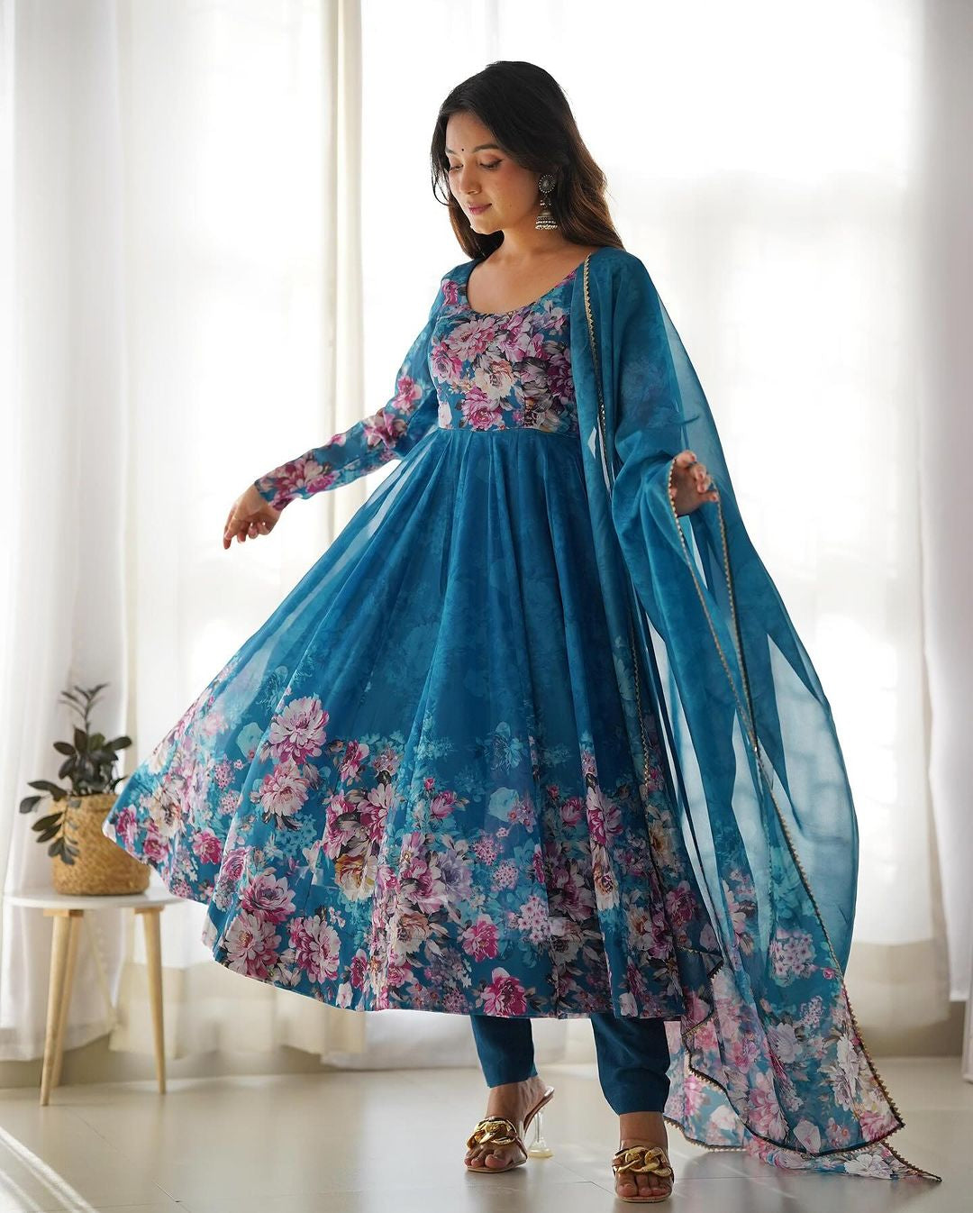Womenline Rama Color Floral Print Organza Three Piece Anarkali Suit