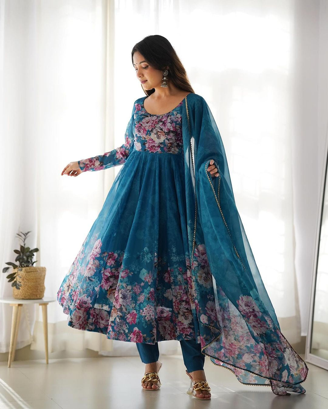 Womenline Rama Color Floral Print Organza Three Piece Anarkali Suit