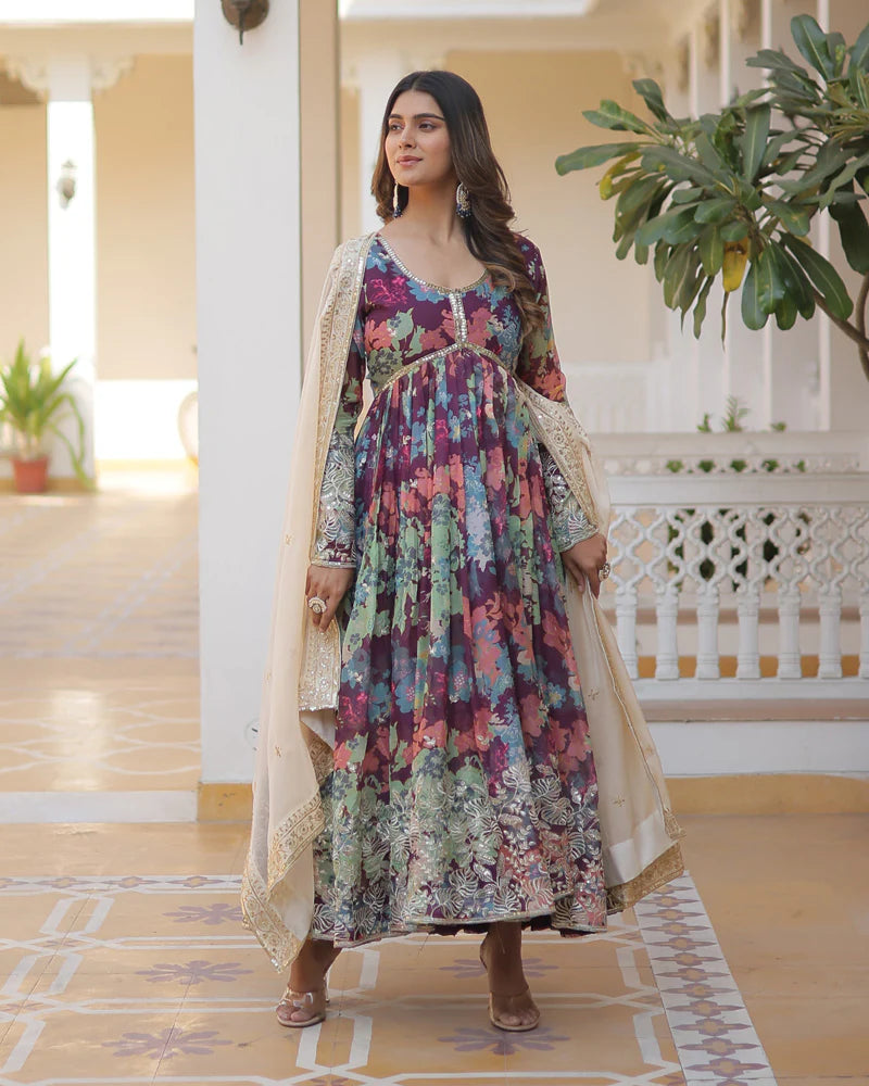 Womenline Wedding Wear Floral Embroidered Wine Color Alia Cut Gown With Dupatta