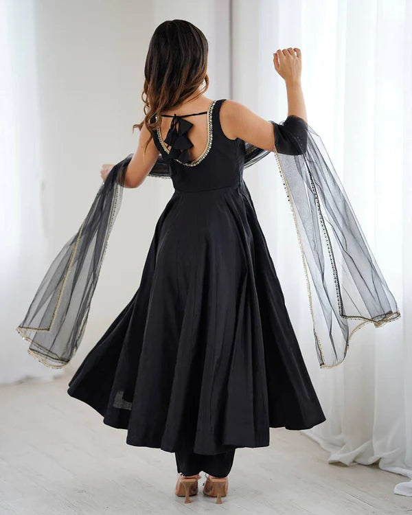 Womenline Black Color Chanderi Pure Roman Silk Anarkali Suit