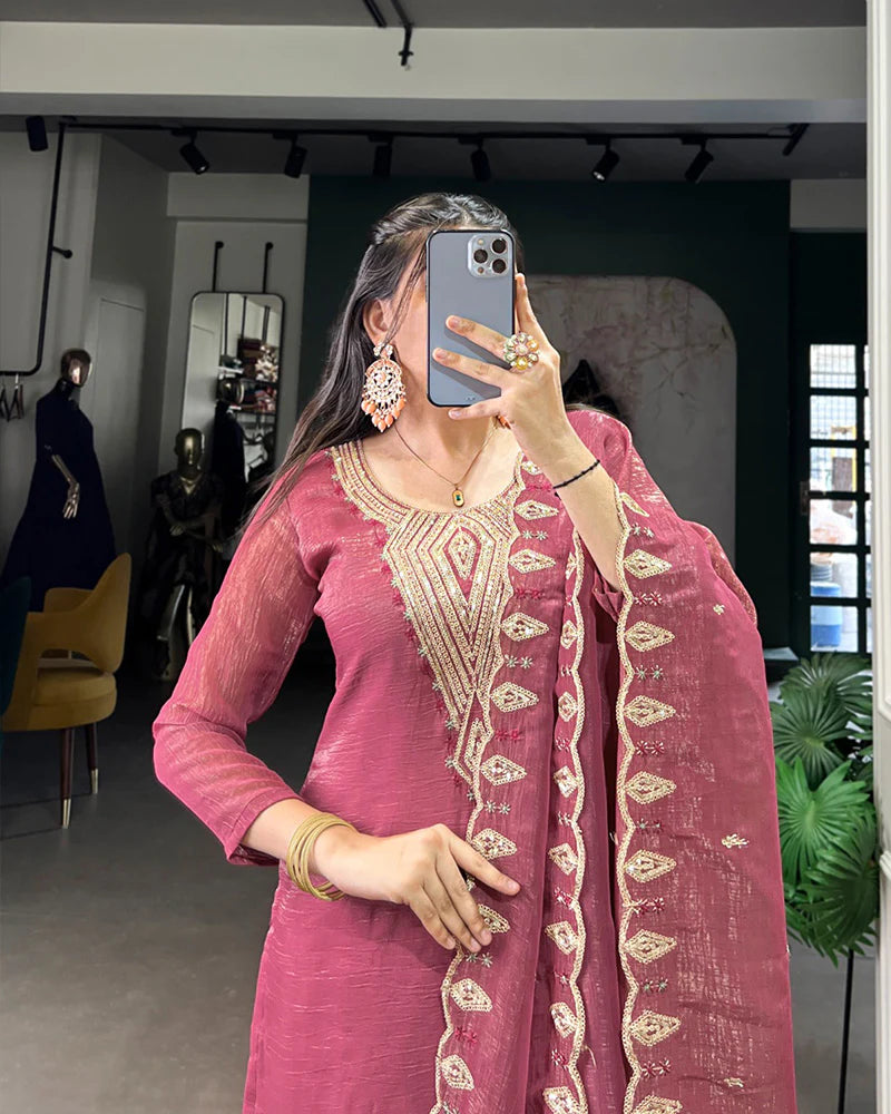Womenline Pink Color Silver Glory Three Piece Kurti Suit
