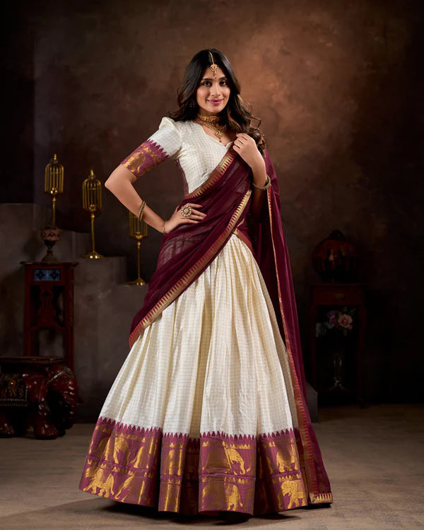 Womenline White And Maroon Color Poly Cotton Chex Onam Half Saree