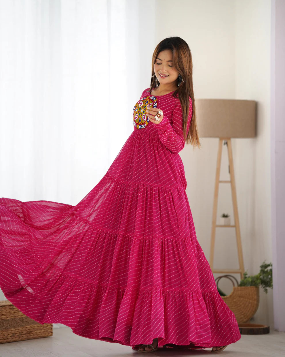 Womenline Rani Pink Color Georgette Laheriya Print Navratri Gown