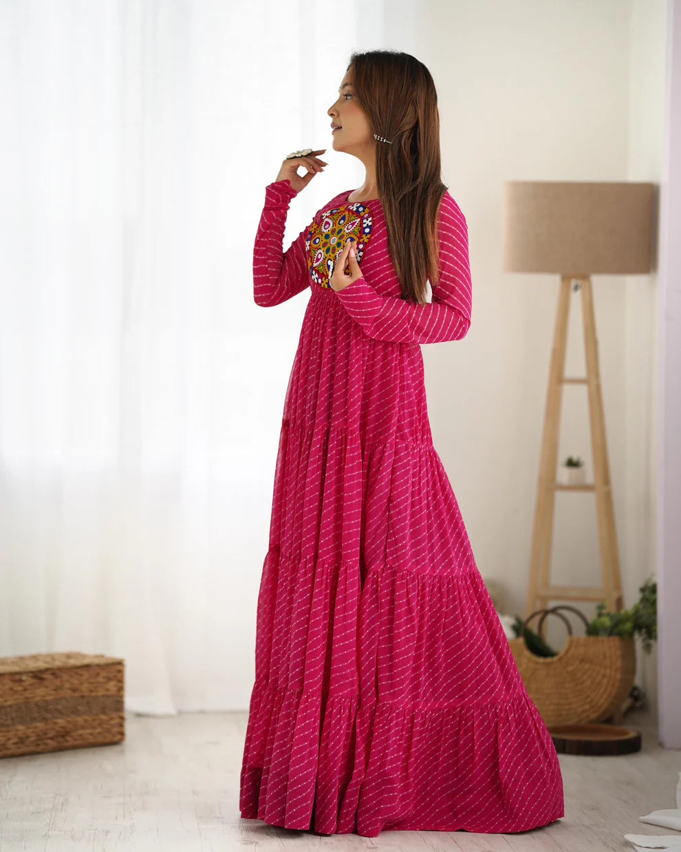 Womenline Rani Pink Color Georgette Laheriya Print Navratri Gown