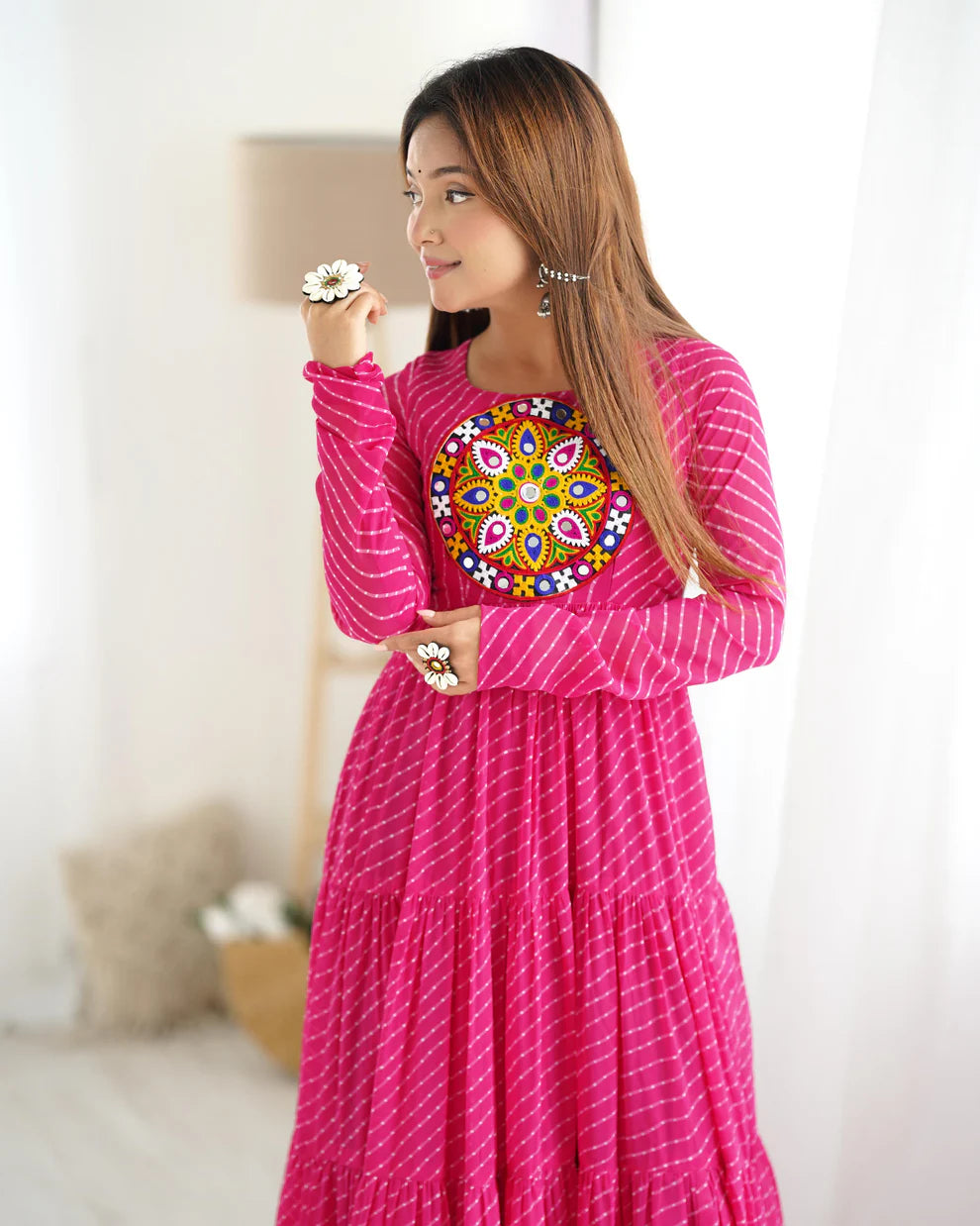 Womenline Rani Pink Color Georgette Laheriya Print Navratri Gown