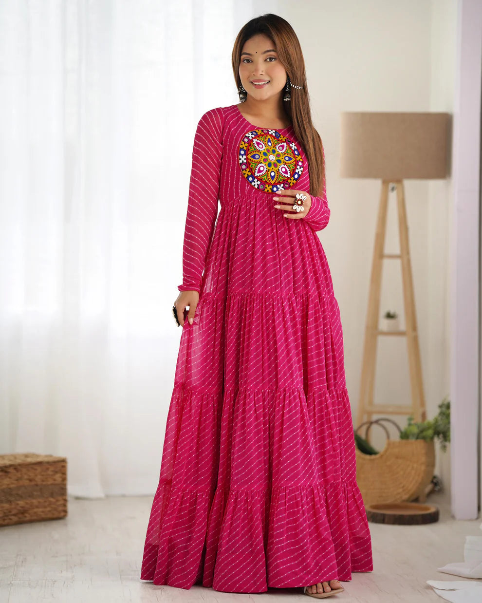 Womenline Rani Pink Color Georgette Laheriya Print Navratri Gown