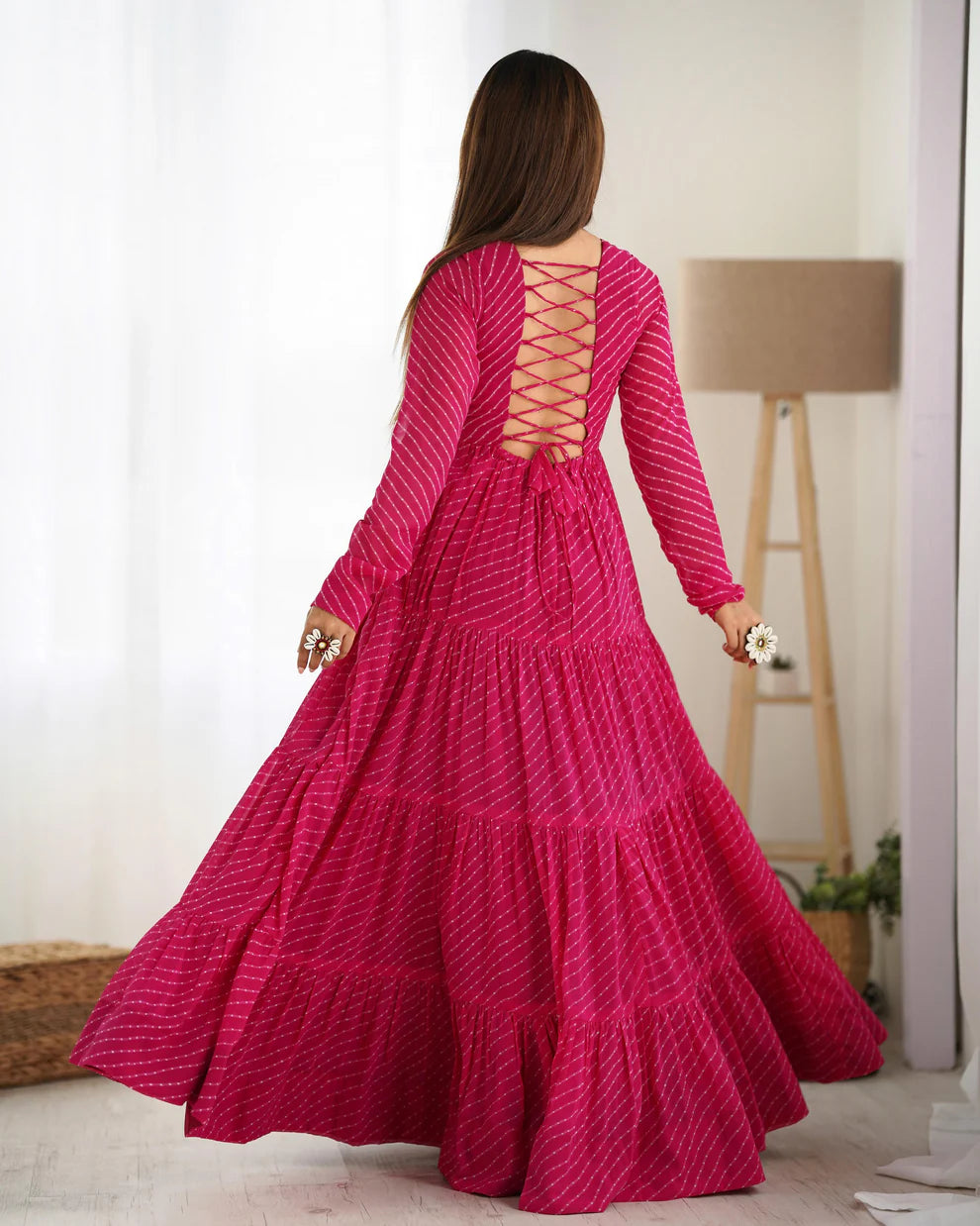 Womenline Rani Pink Color Georgette Laheriya Print Navratri Gown