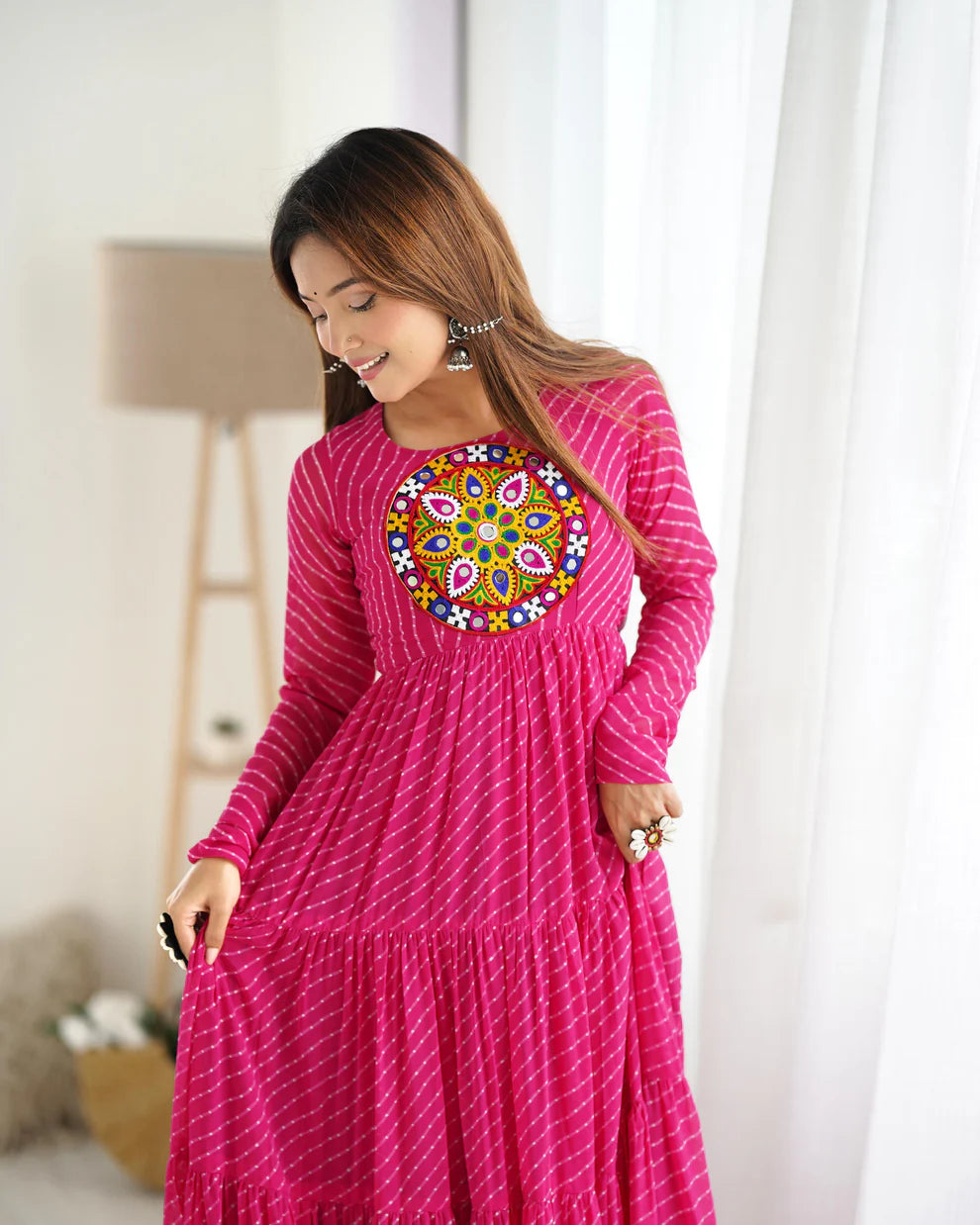 Womenline Rani Pink Color Georgette Laheriya Print Navratri Gown