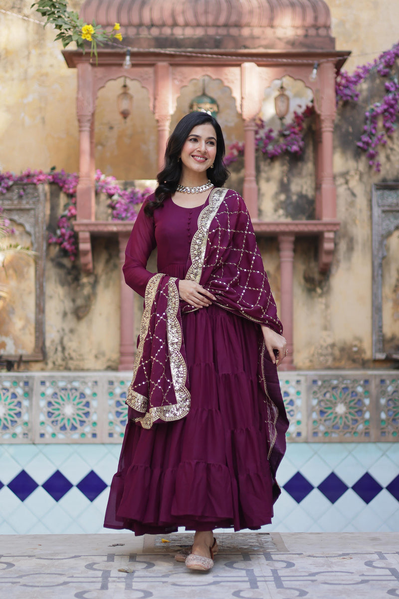 Womenline Wine Color Fully Flair Gown