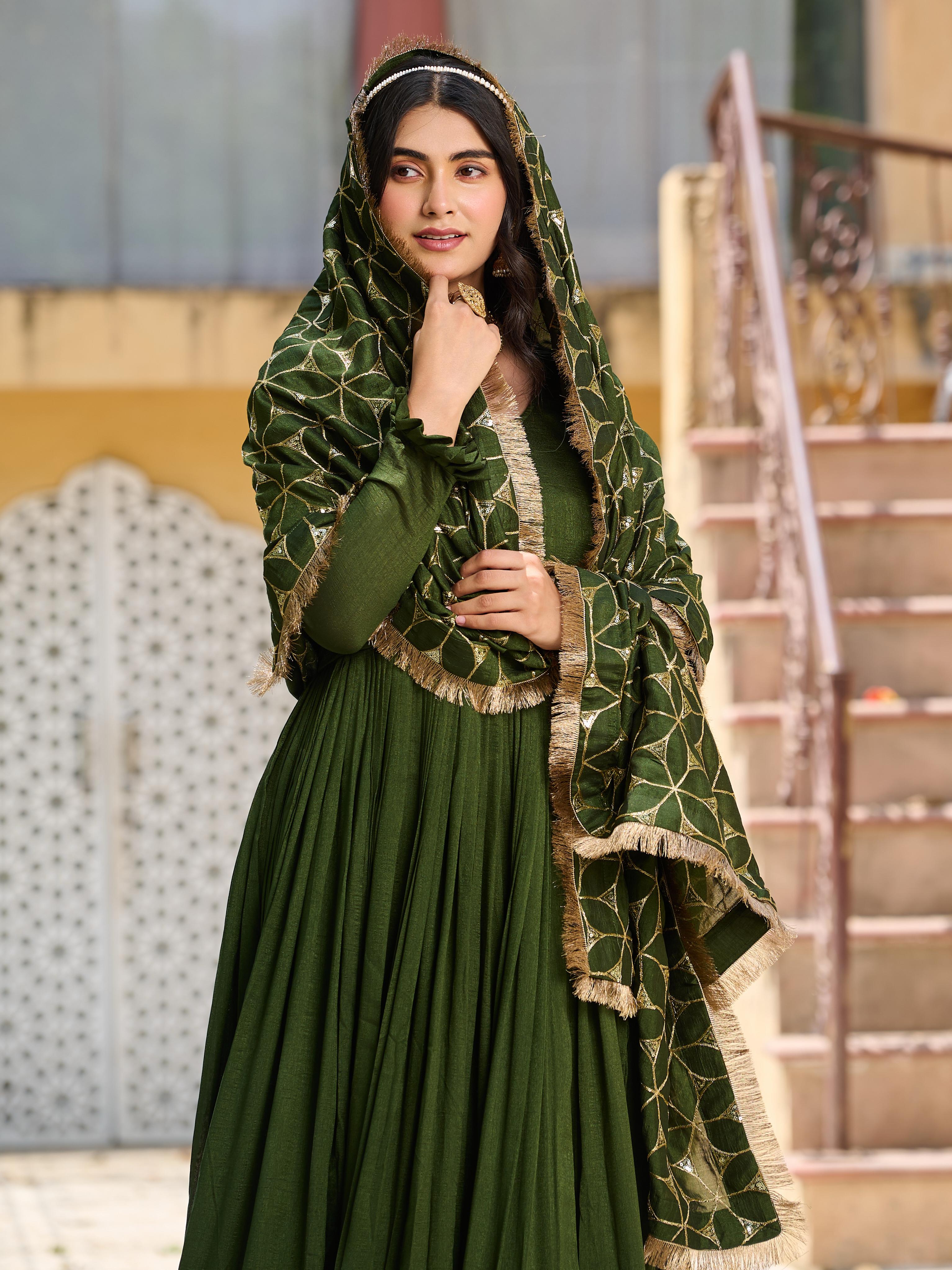 Womenline Green Color Festival Long Gown