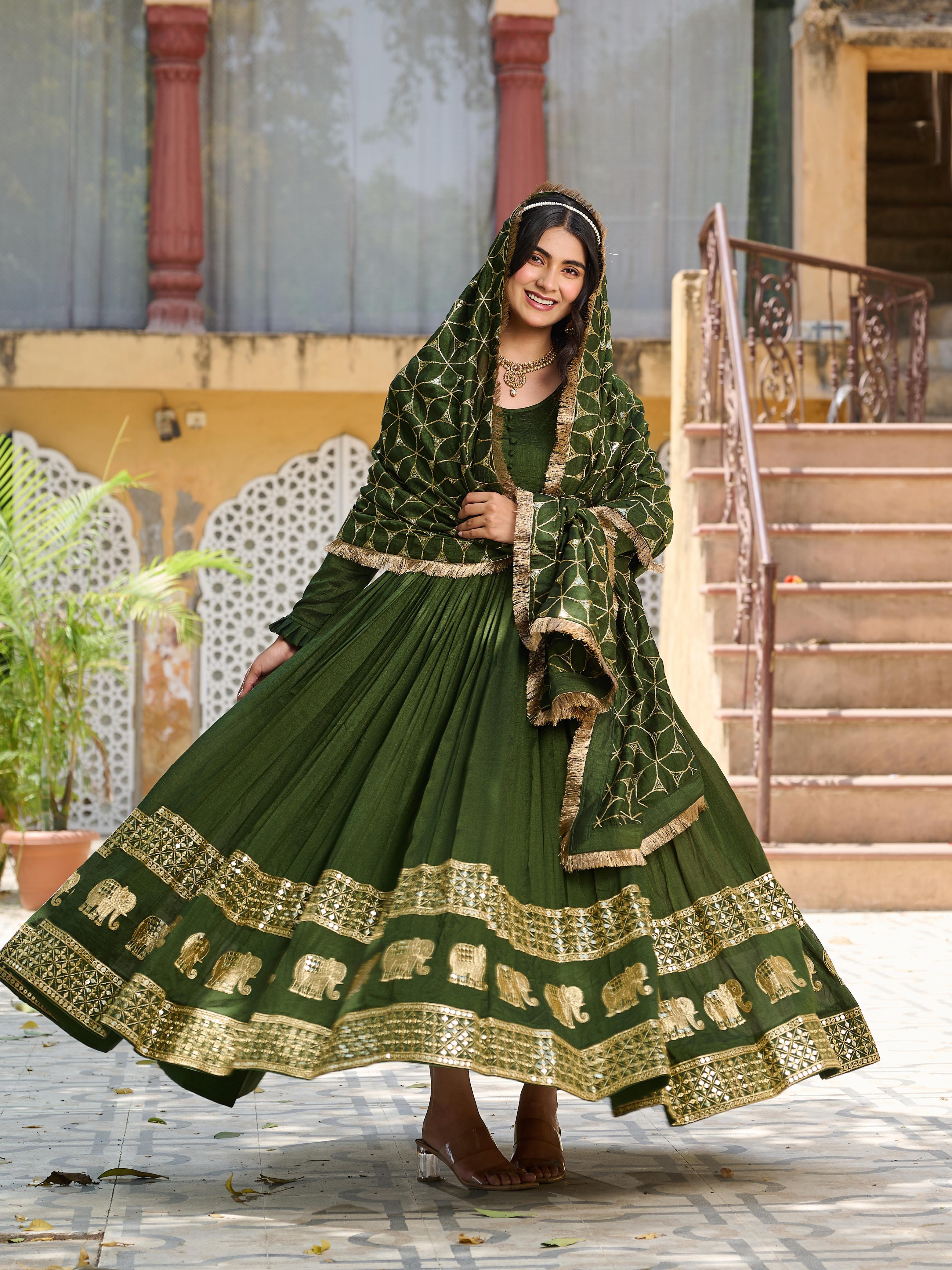 Womenline Green Color Festival Long Gown