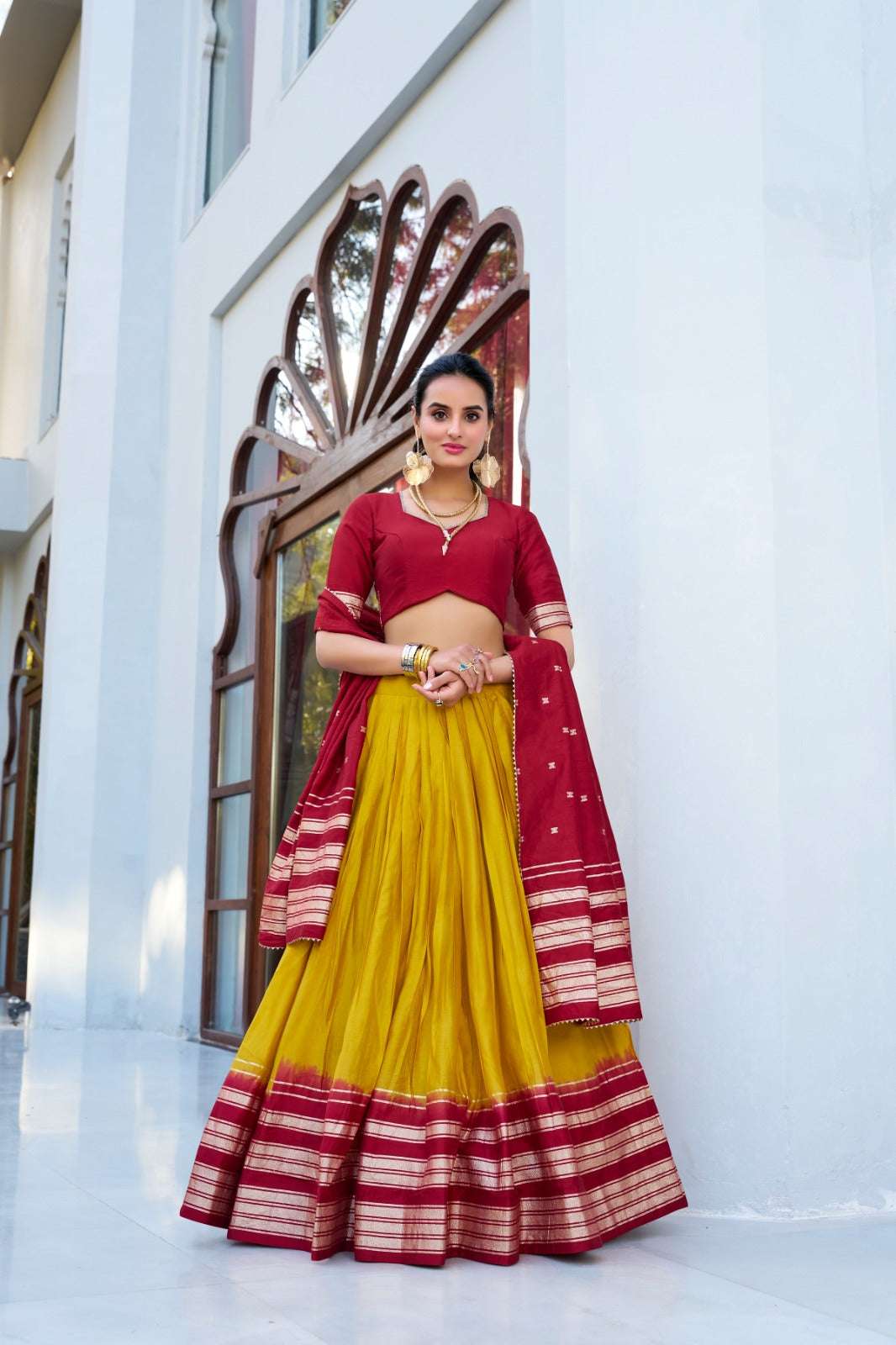 Womenline Red And Yellow Stylish Lehenga Choli