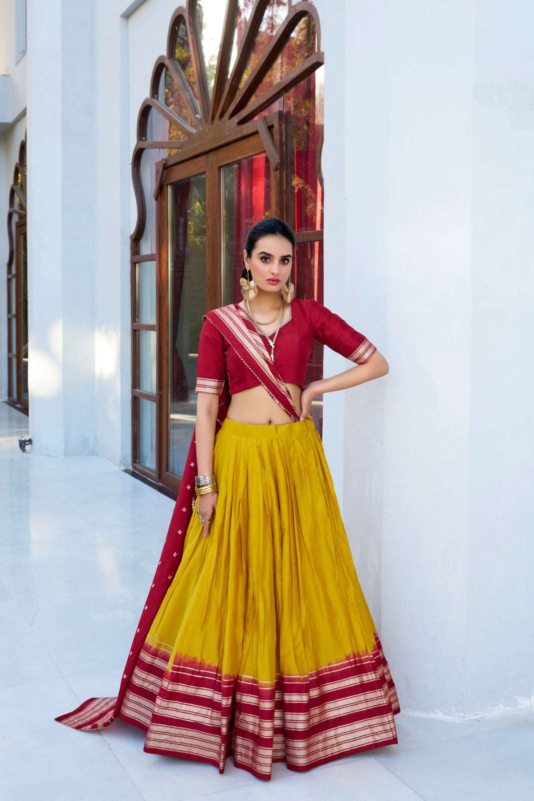 Womenline Red And Yellow Stylish Lehenga Choli