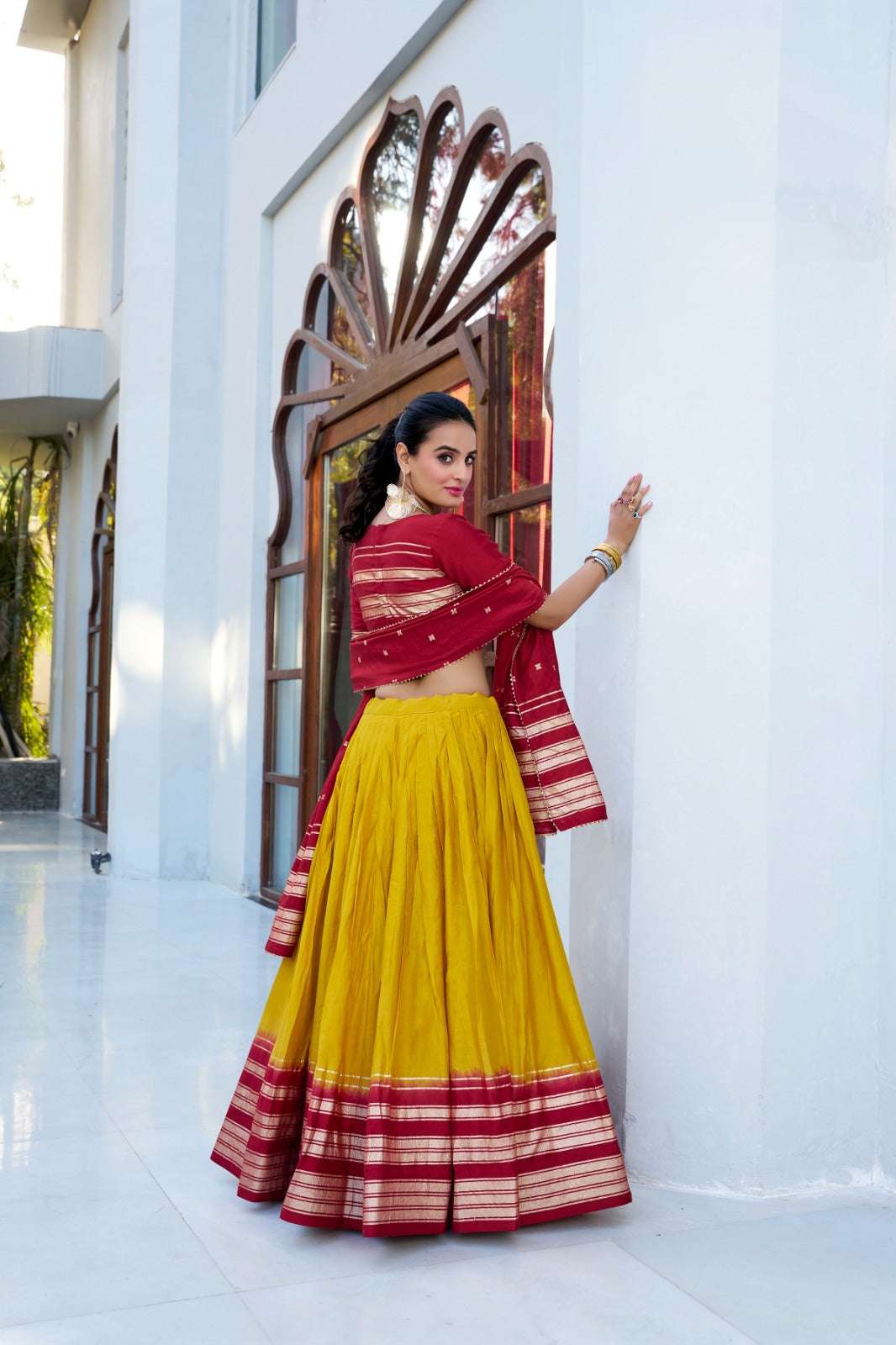 Womenline Red And Yellow Stylish Lehenga Choli
