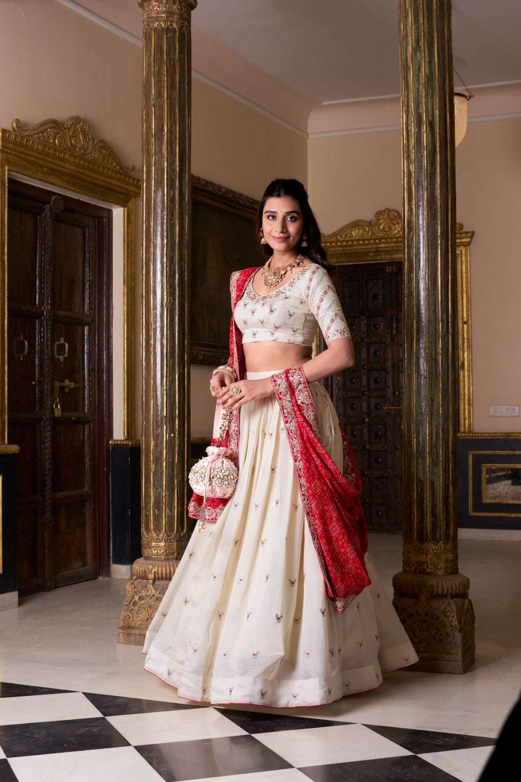 Womenline Stylish Cream And Red Lehenga Choli