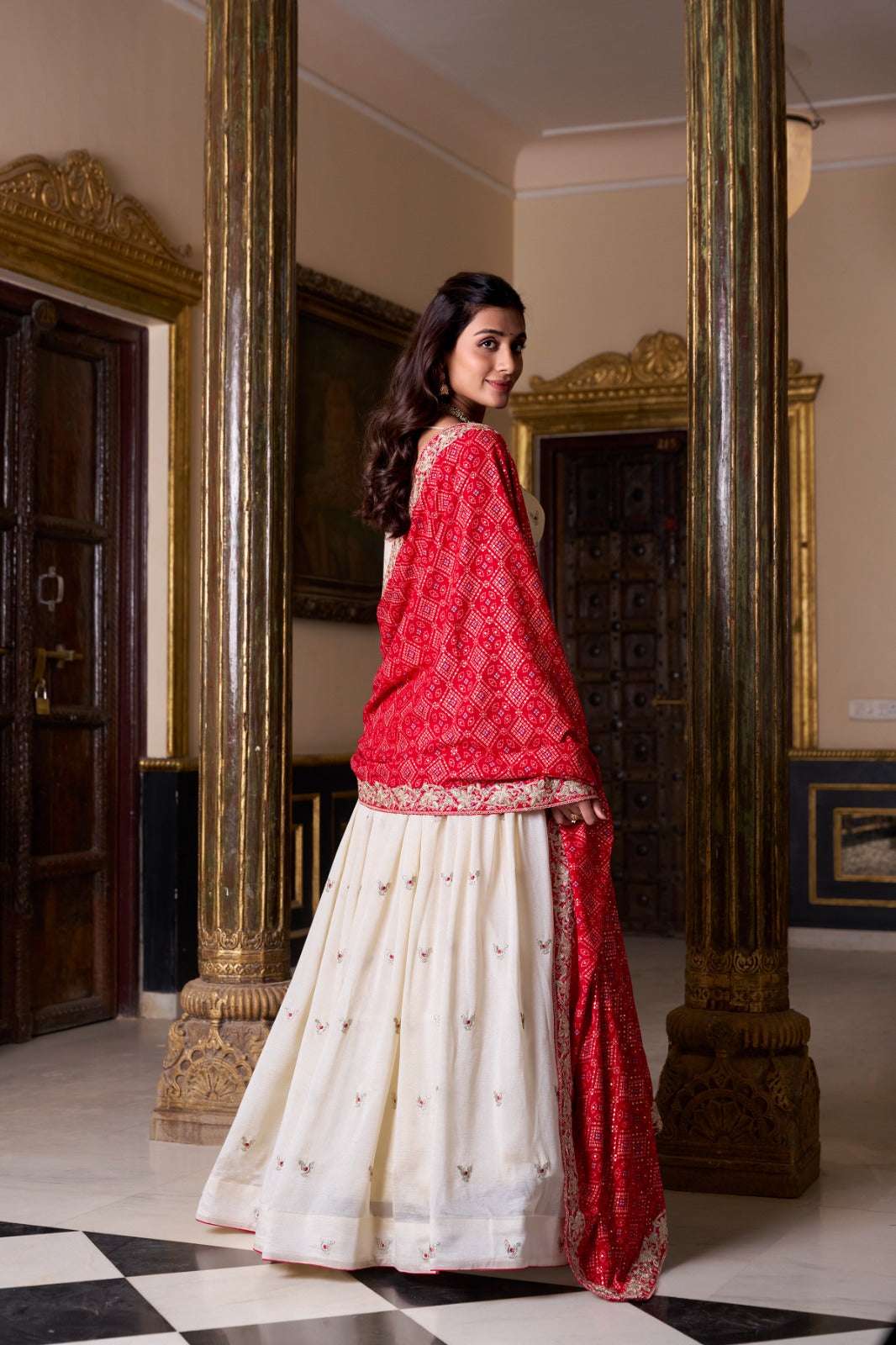 Womenline Stylish Cream And Red Lehenga Choli