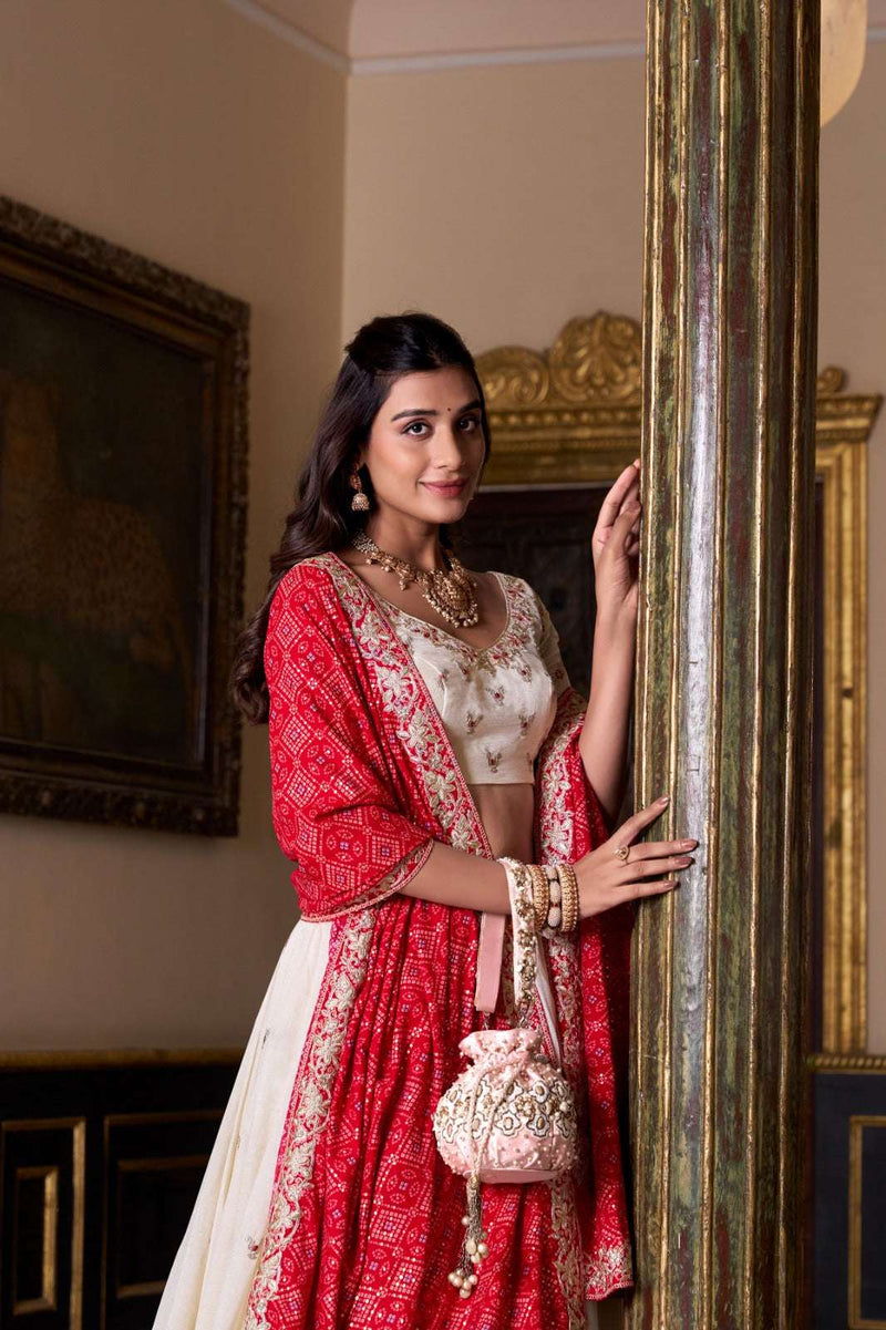 Womenline Stylish Cream And Red Lehenga Choli