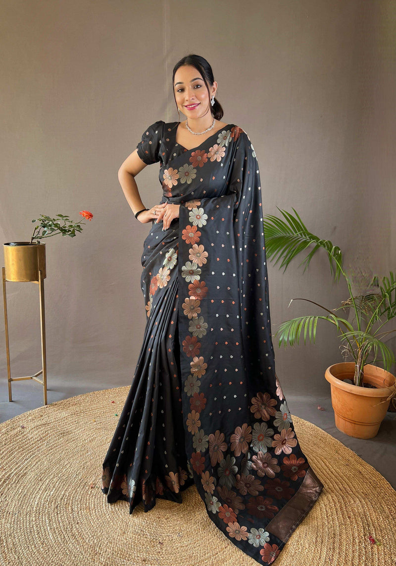 Womenline Black Banarasi Silk Saree