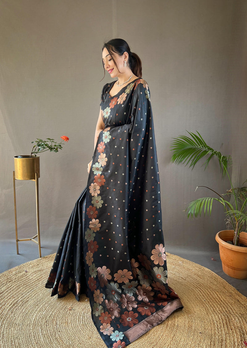 Womenline Black Banarasi Silk Saree