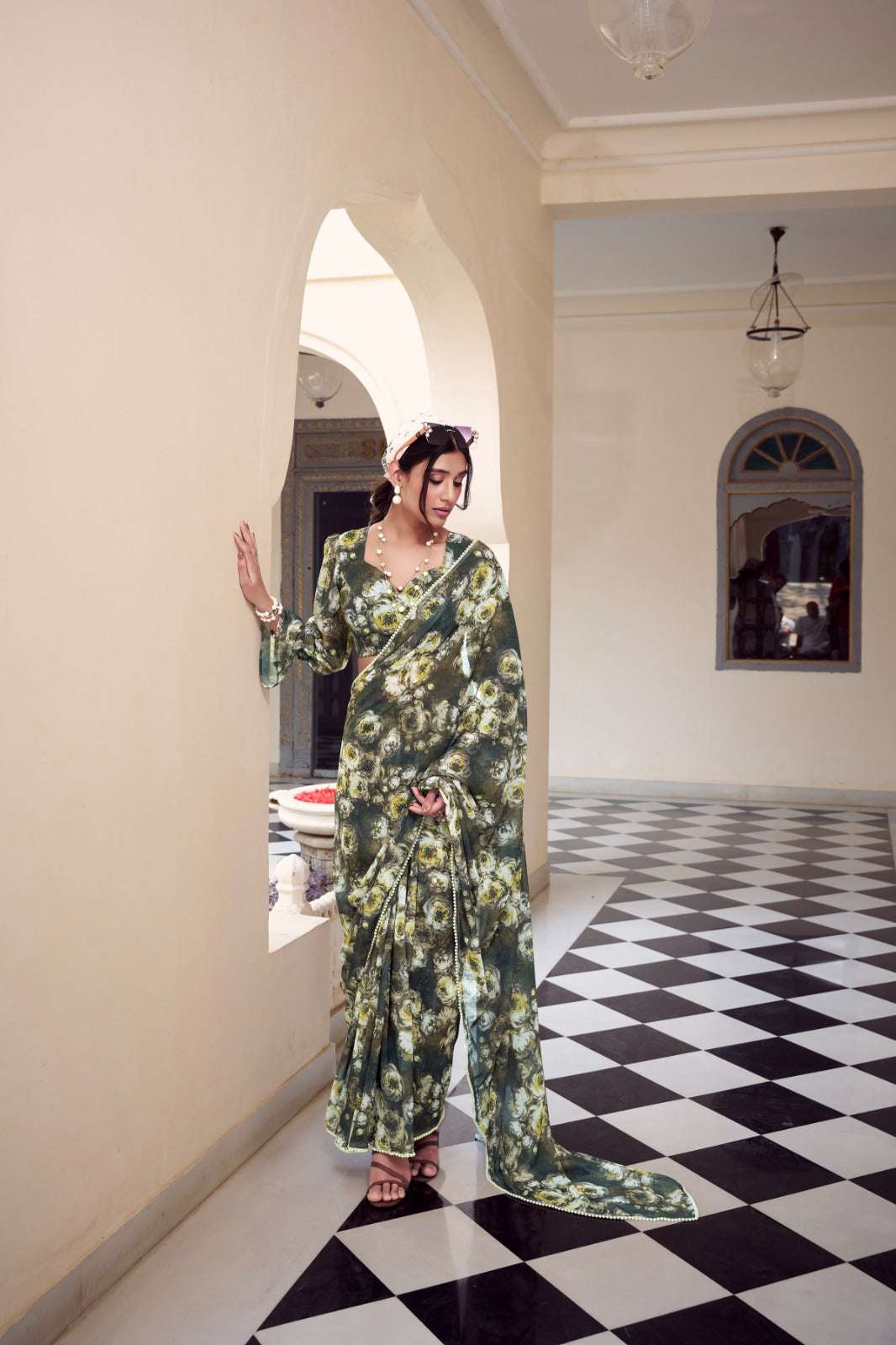 Womenline Mehndi Color Weightless Marble Printed Saree