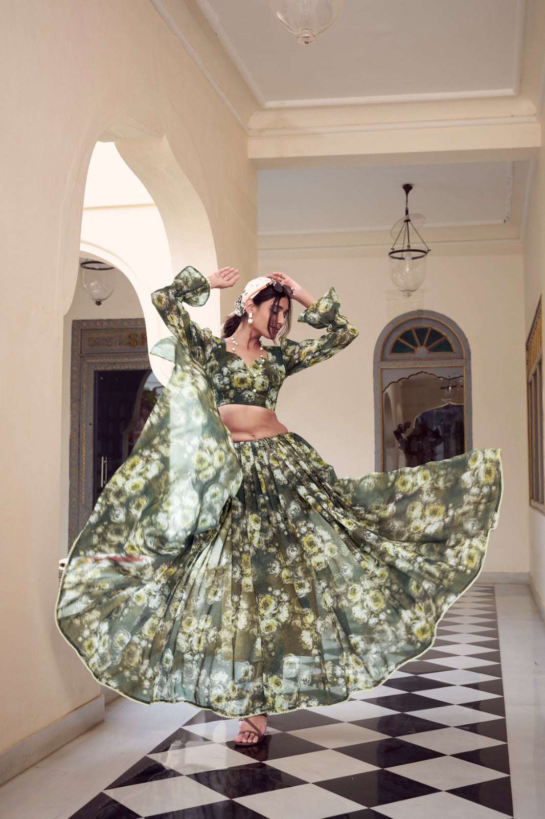 Womenline Mehndi Color Weightless Marble Printed Saree