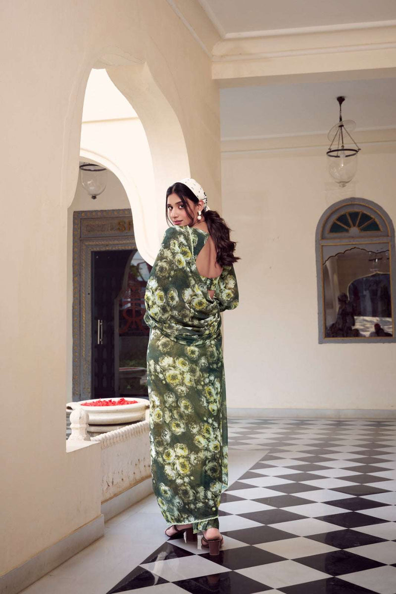 Womenline Mehndi Color Weightless Marble Printed Saree