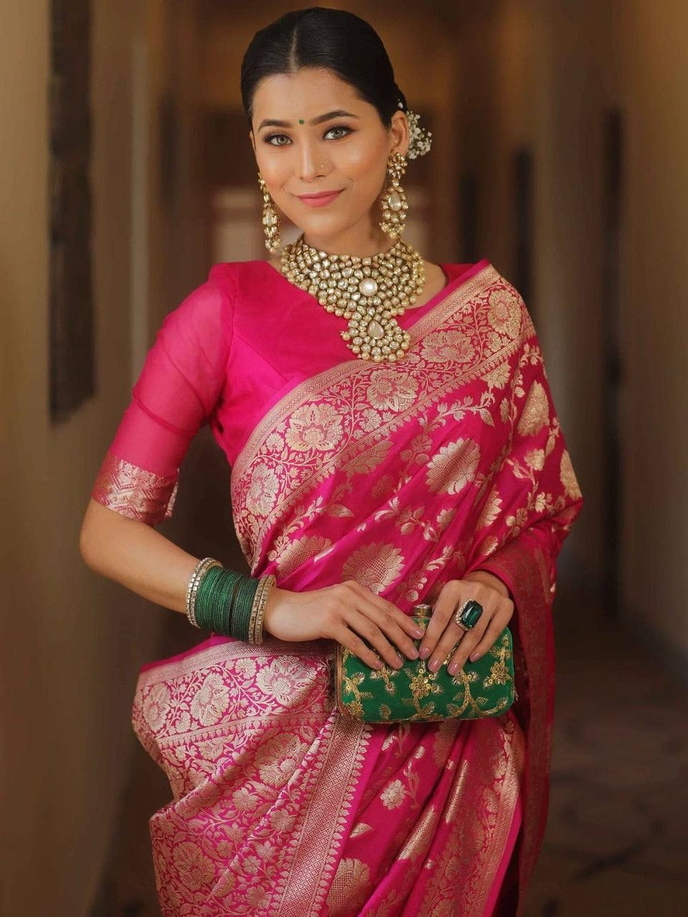 Womenline Pink banarasi Saree