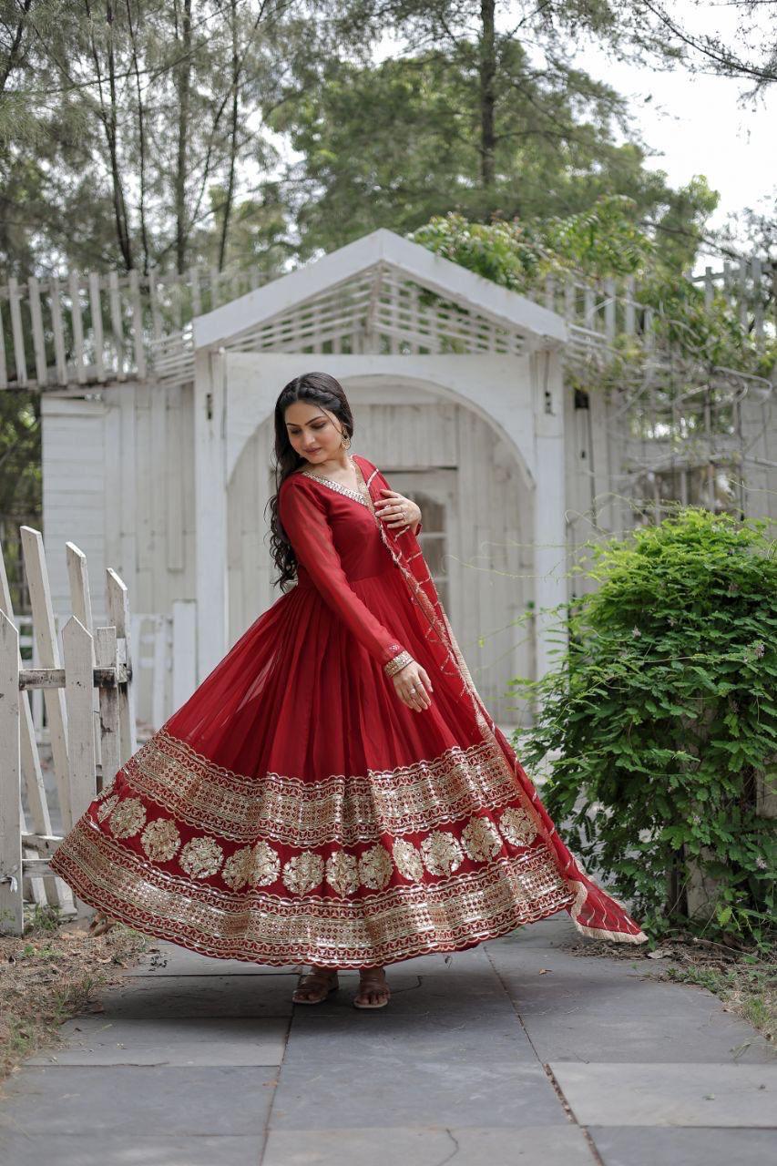 Womenline Red Color Blooming Gown with Dupatta