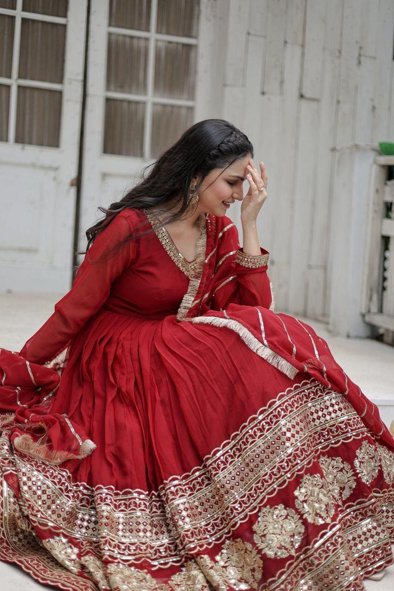 Womenline Red Color Blooming Gown with Dupatta