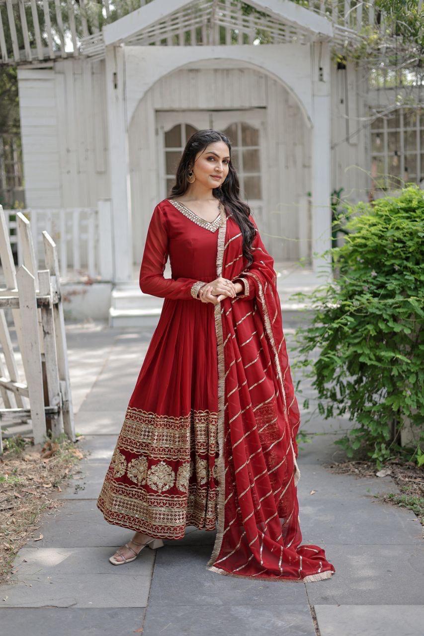 Womenline Red Color Blooming Gown with Dupatta