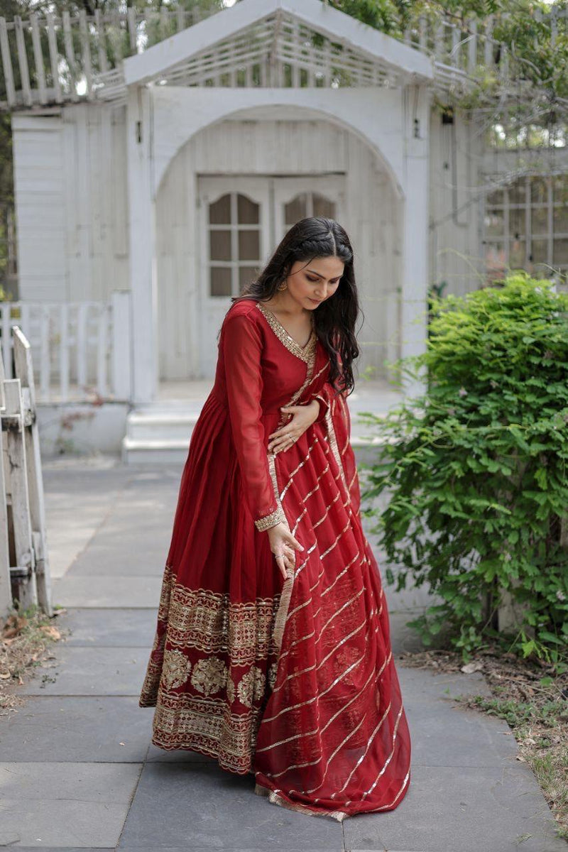Womenline Red Color Blooming Gown with Dupatta