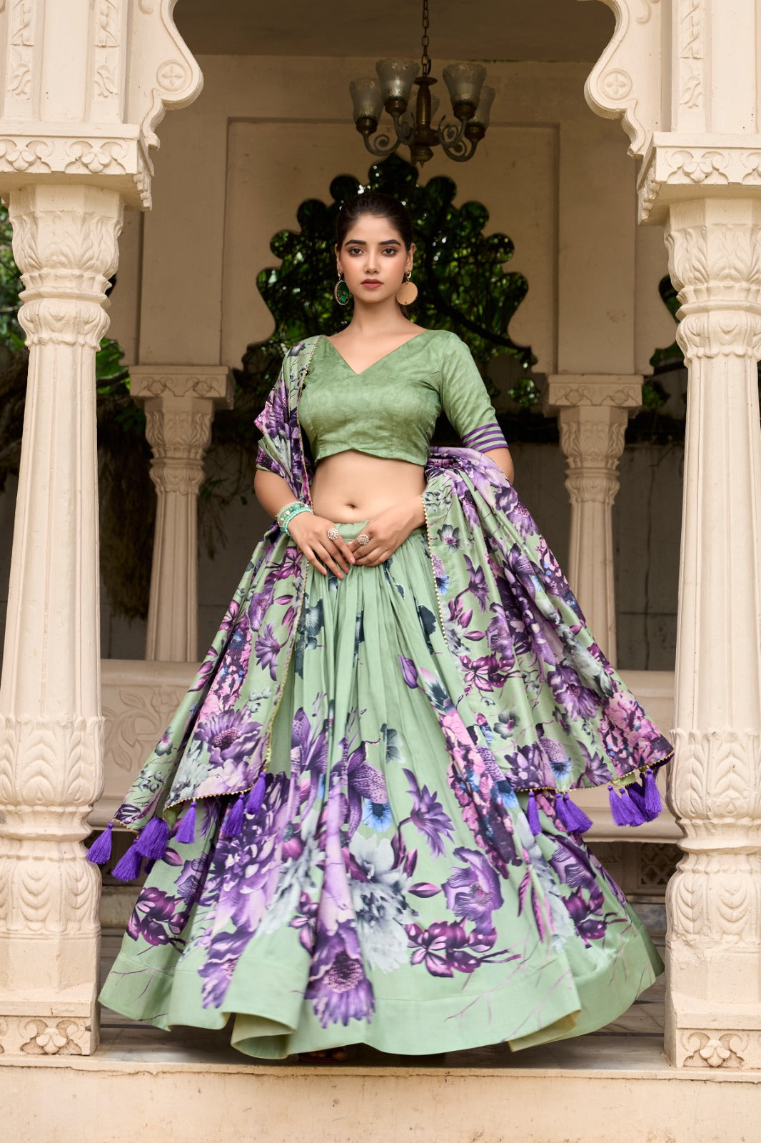 Womenline Green Color burst of color in a floral print lehenga