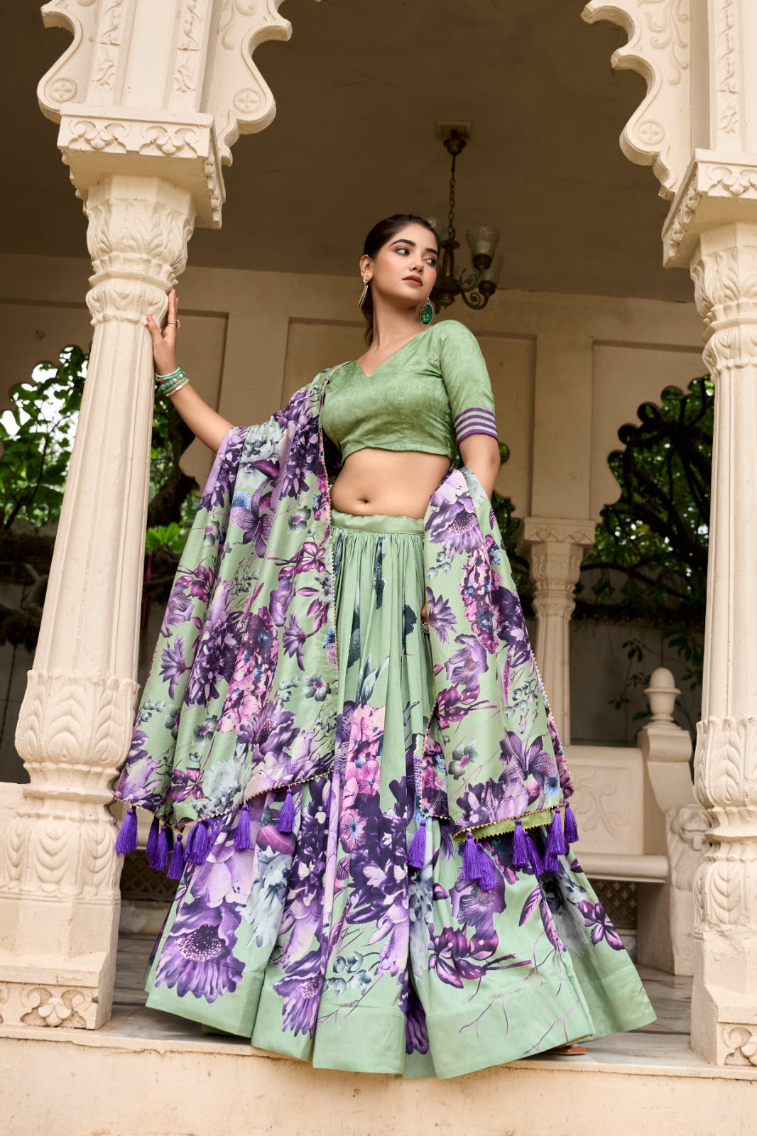 Womenline Green Color burst of color in a floral print lehenga