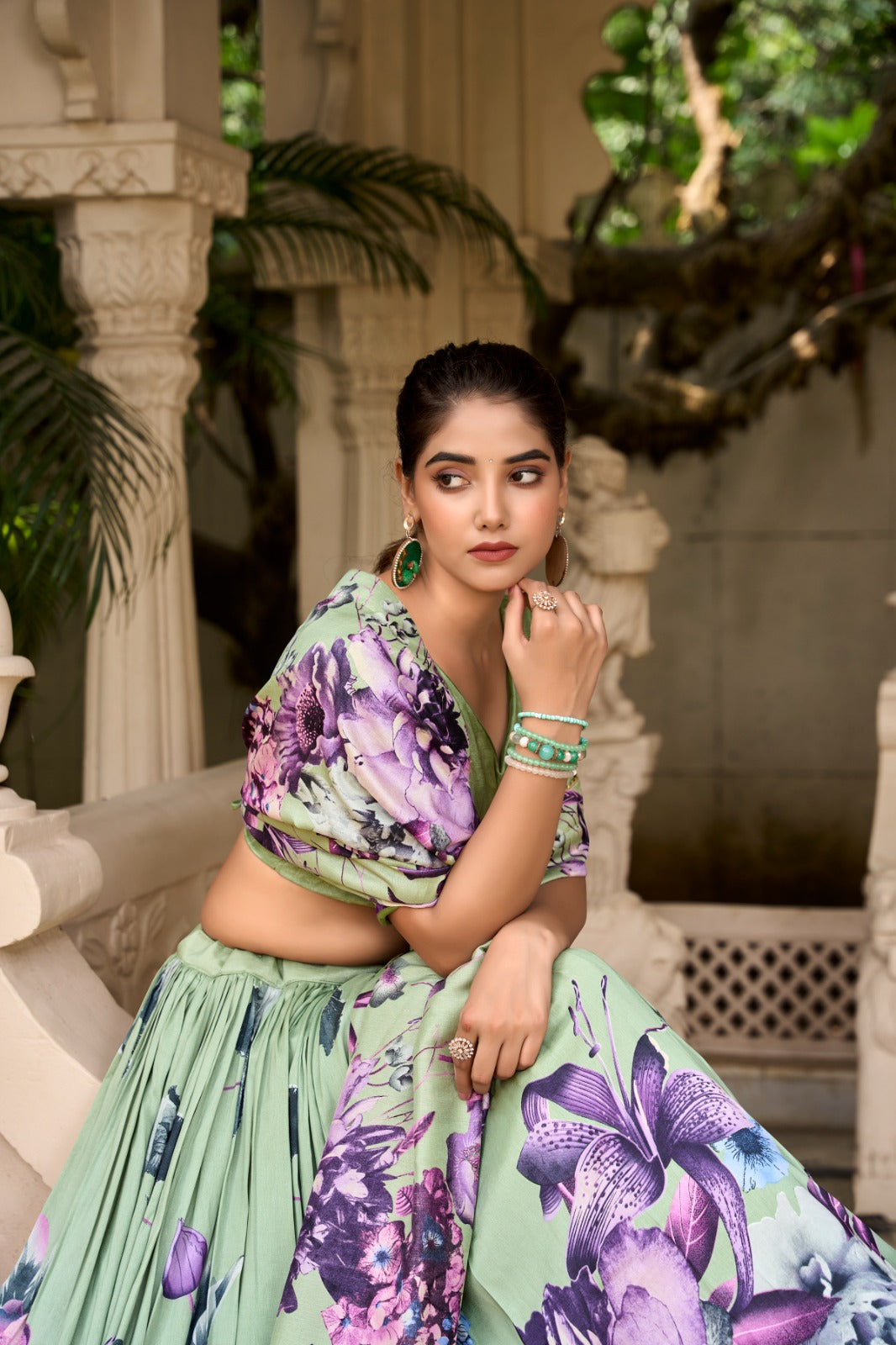 Womenline Green Color burst of color in a floral print lehenga