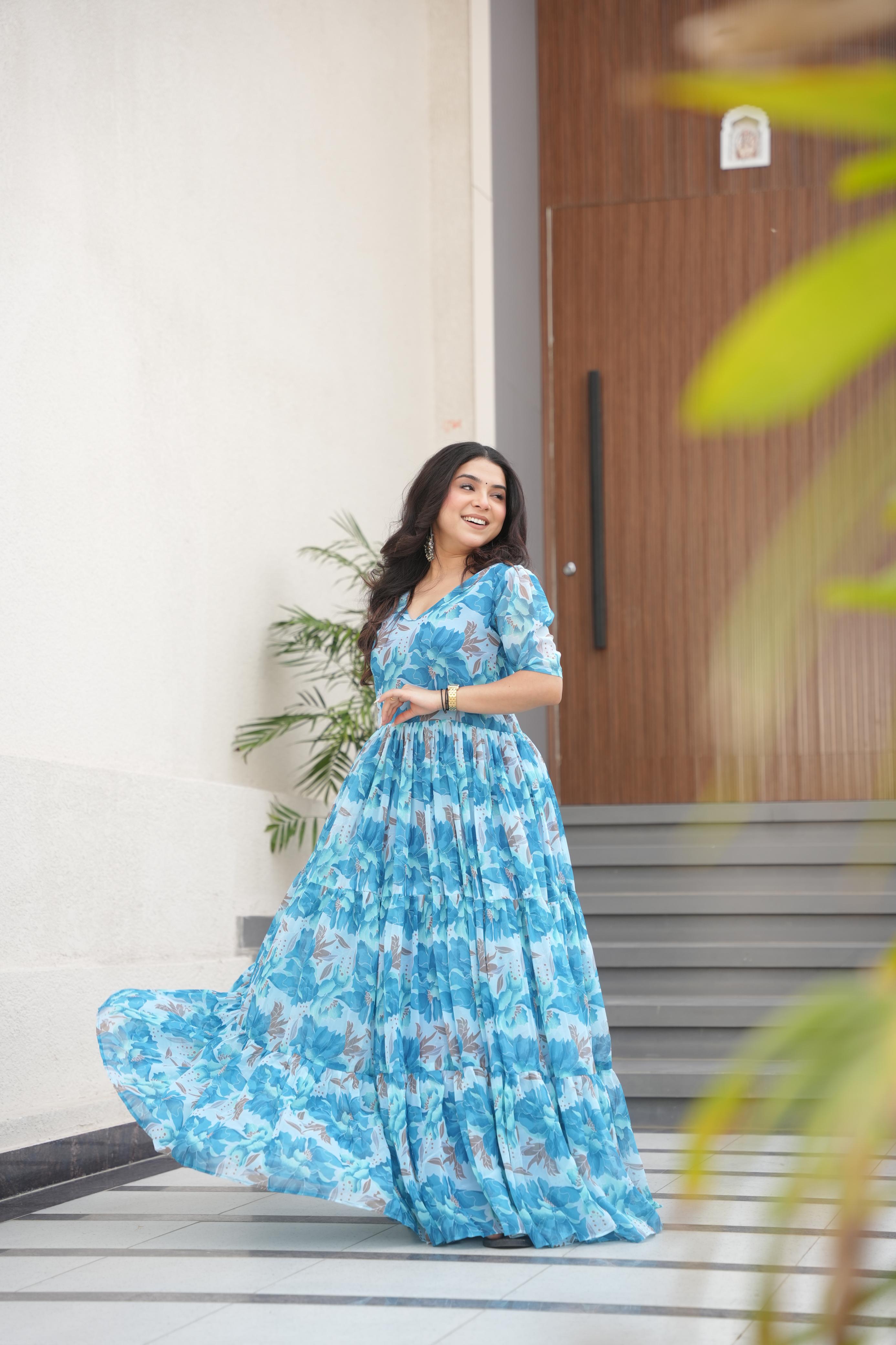 Womenline Sky Blue Color Fully Flair Gown