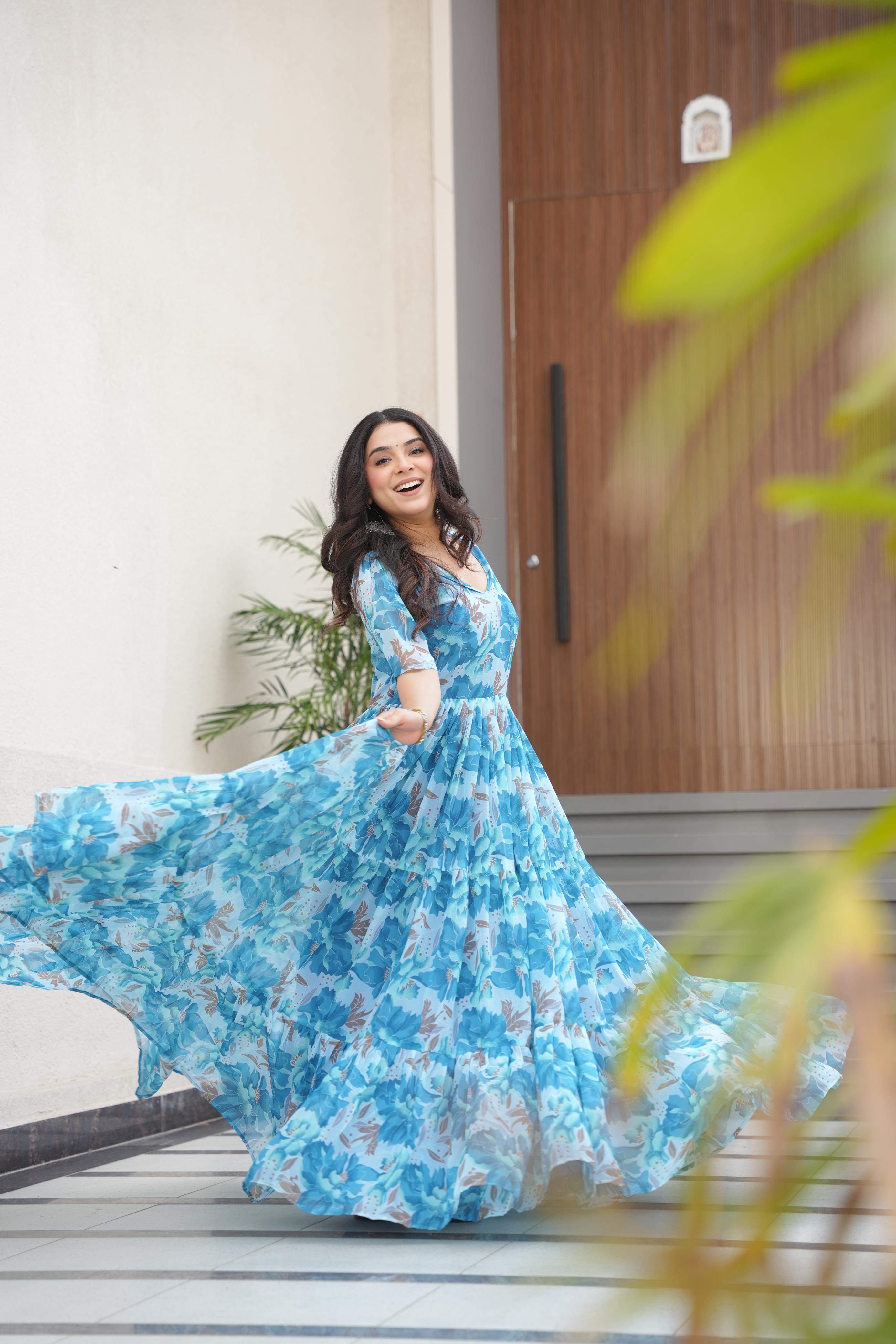 Womenline Sky Blue Color Fully Flair Gown