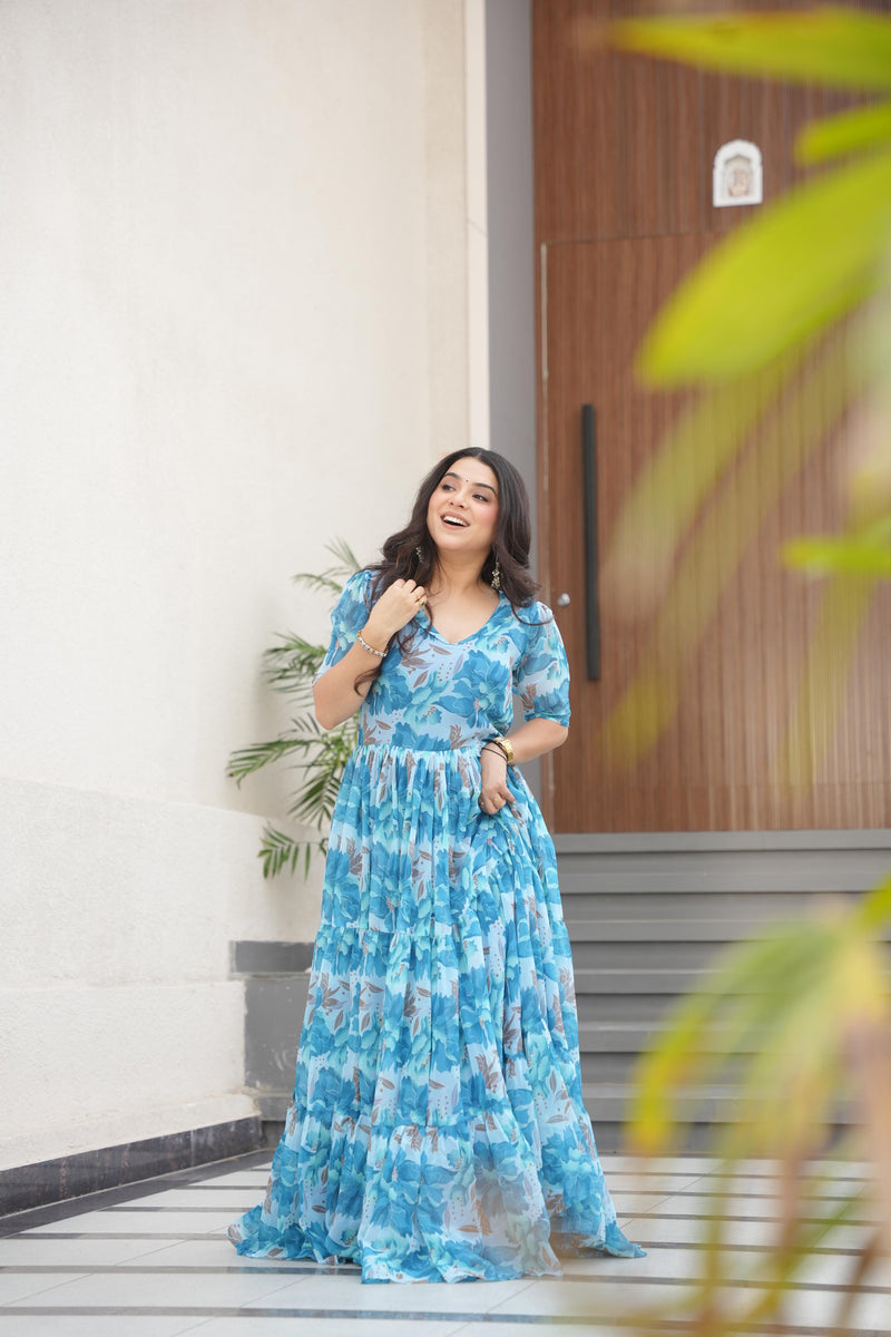 Womenline Sky Blue Color Fully Flair Gown