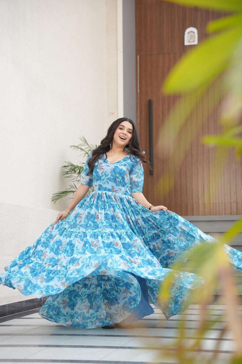 Womenline Sky Blue Color Fully Flair Gown