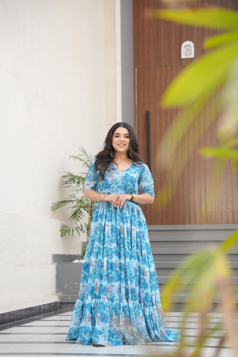Womenline Sky Blue Color Fully Flair Gown