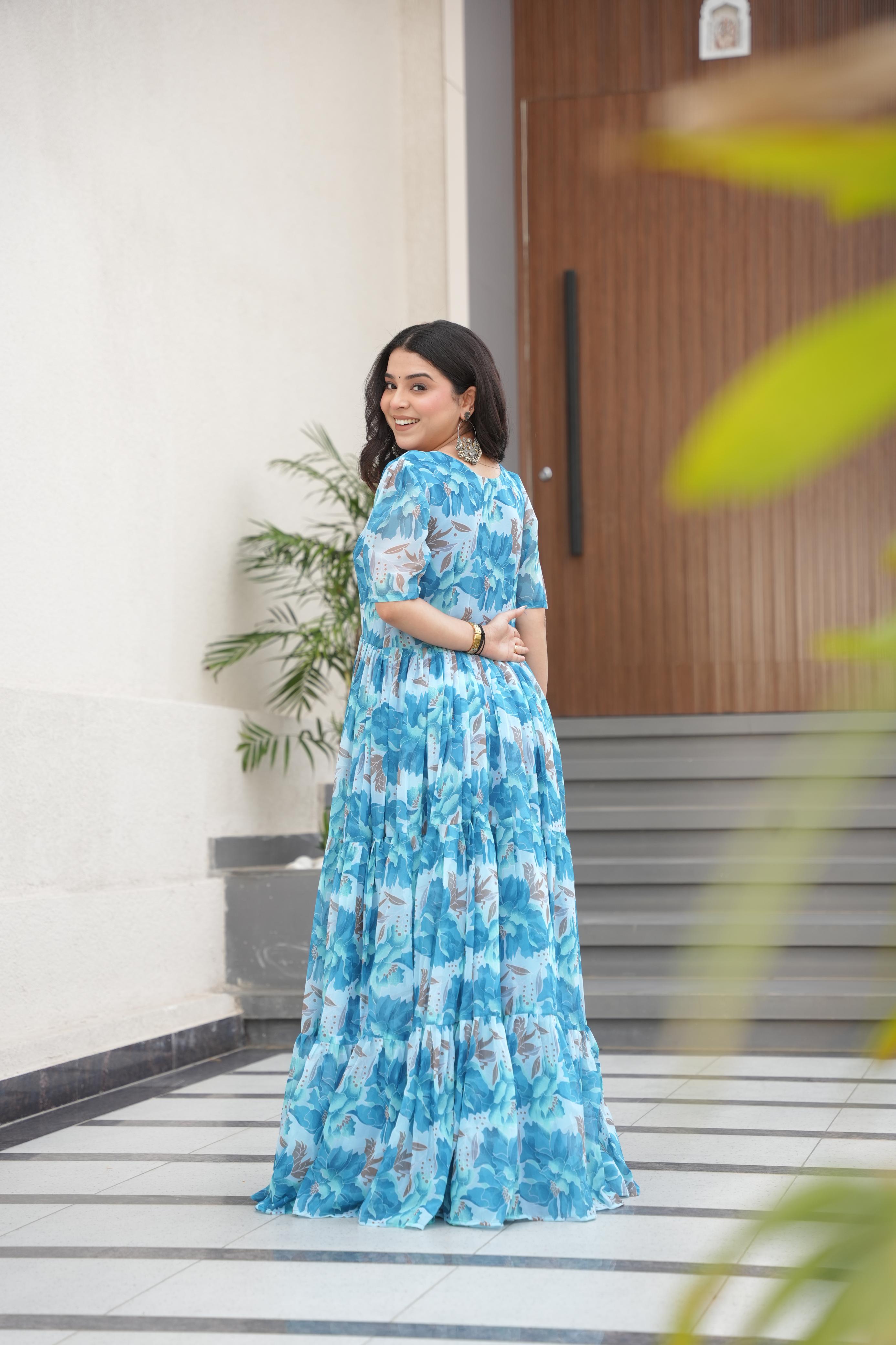 Womenline Sky Blue Color Fully Flair Gown