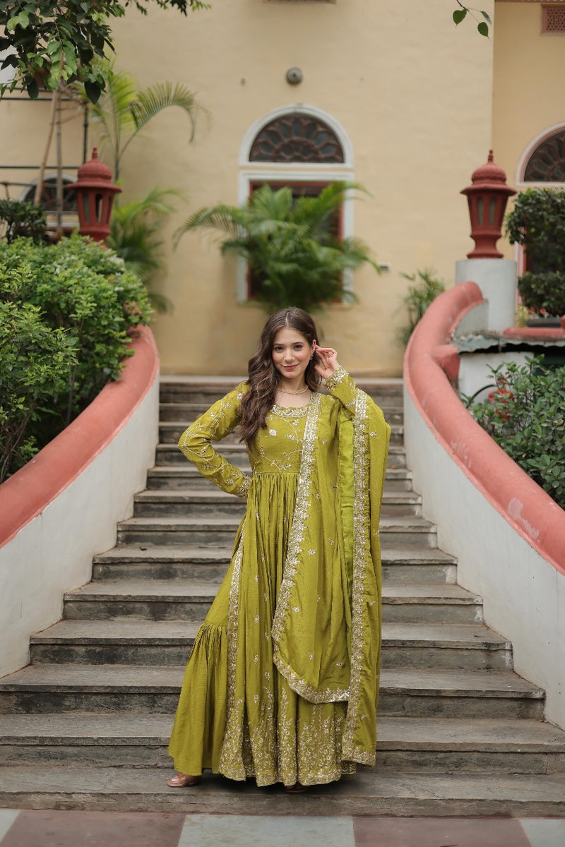 Womenline Parrot Green Color Party Wear Gown