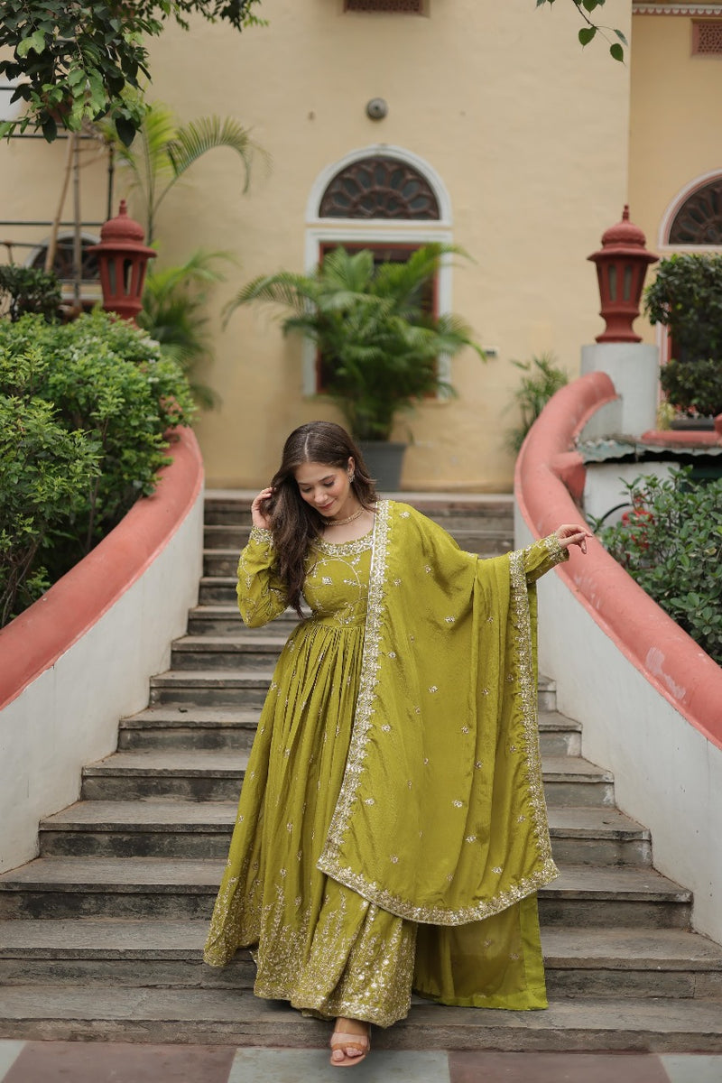 Womenline Parrot Green Color Party Wear Gown